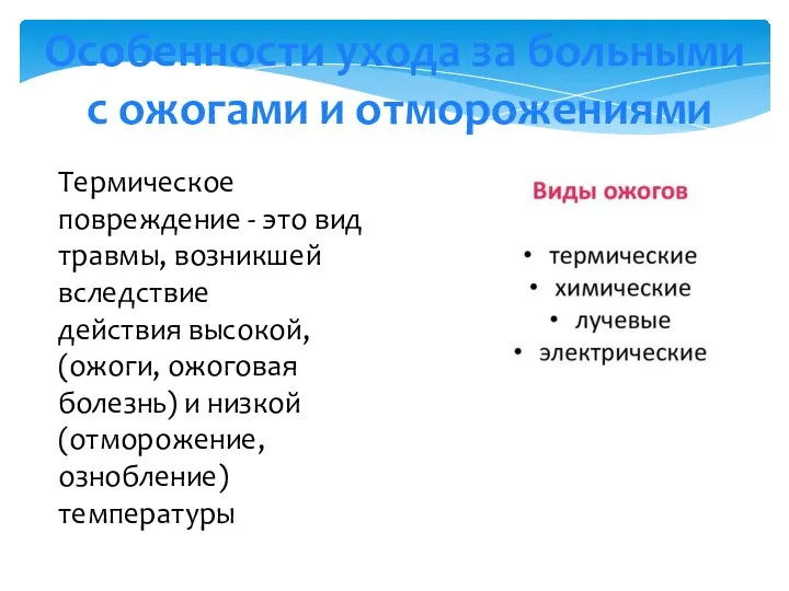 Особенности ухода за больными с ожогами и отморожениями Термическое повреждение -