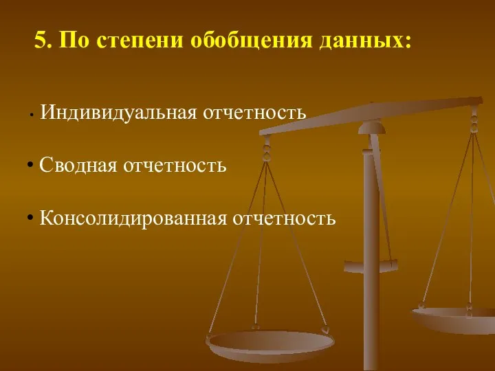 5. По степени обобщения данных: Индивидуальная отчетность Сводная отчетность Консолидированная отчетность