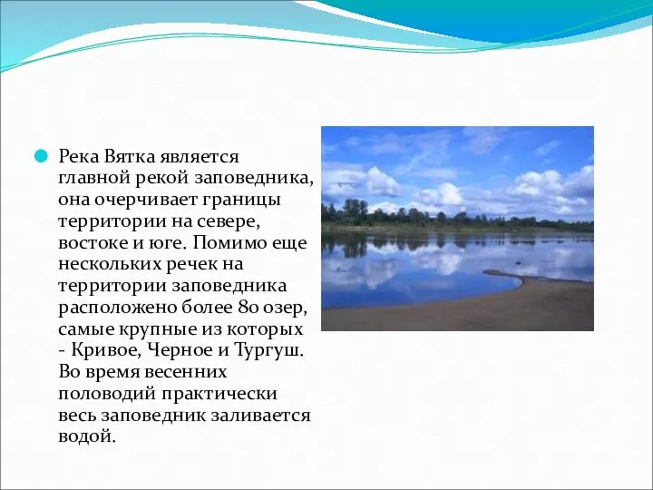 Река Вятка является главной рекой заповедника, она очерчивает границы территории на