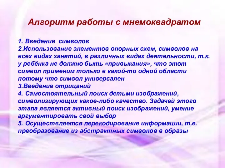 Алгоритм работы с мнемоквадратом 1. Введение символов 2.Использование элементов опорных схем,