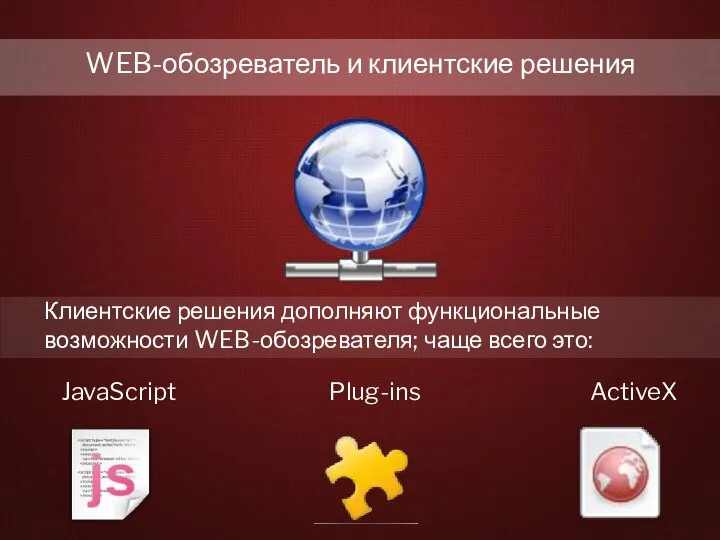 WEB-обозреватель и клиентские решения Клиентские решения дополняют функциональные возможности WEB-обозревателя; чаще всего это: JavaScript Plug-ins ActiveX
