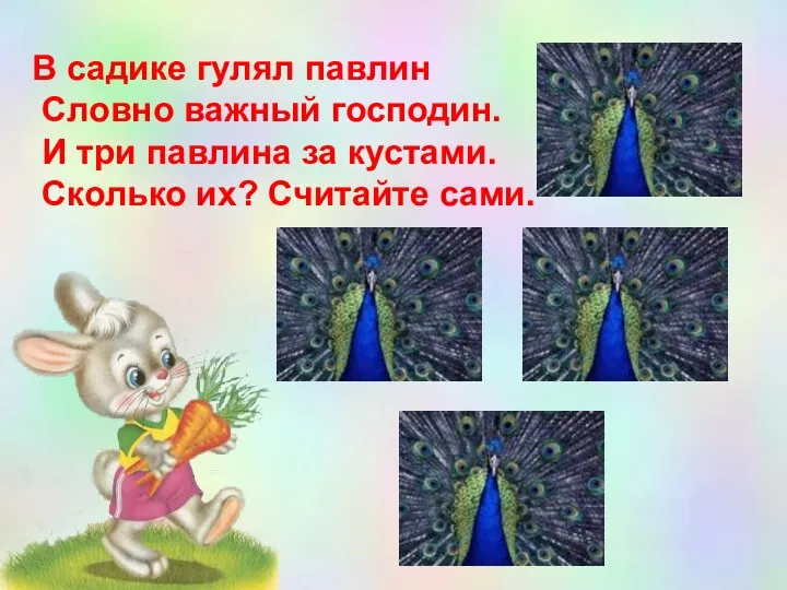 В садике гулял павлин Словно важный господин. И три павлина за кустами. Сколько их? Считайте сами.