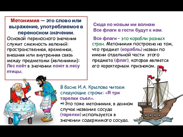 Метонимия — это слово или выражение, употребляемое в переносном значении. Основой