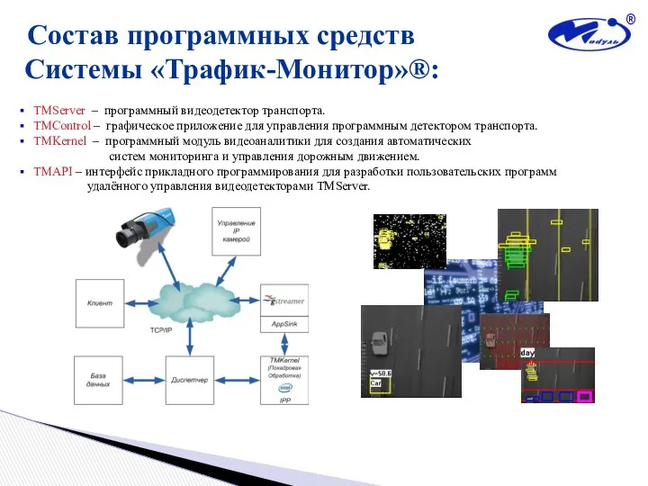 Состав программных средств Системы «Трафик-Монитор»®: TMServer – программный видеодетектор транспорта. TMControl