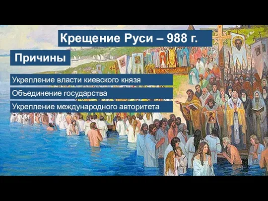 Крещение Руси – 988 г. Укрепление власти киевского князя Причины Объединение государства Укрепление международного авторитета Руси