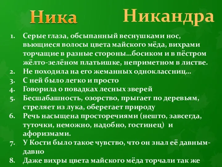 Никандра Серые глаза, обсыпанный веснушками нос, вьющиеся волосы цвета майского мёда,