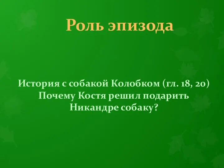 Роль эпизода История с собакой Колобком (гл. 18, 20) Почему Костя решил подарить Никандре собаку?