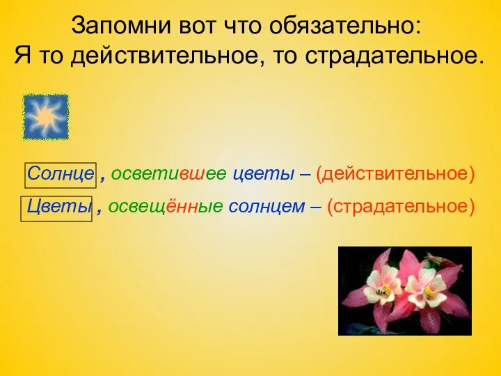 Запомни вот что обязательно: Я то действительное, то страдательное. Солнце ,