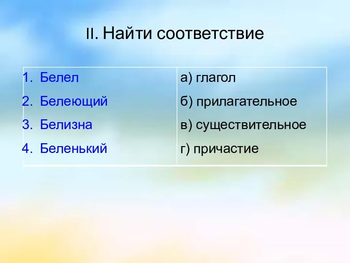 II. Найти соответствие