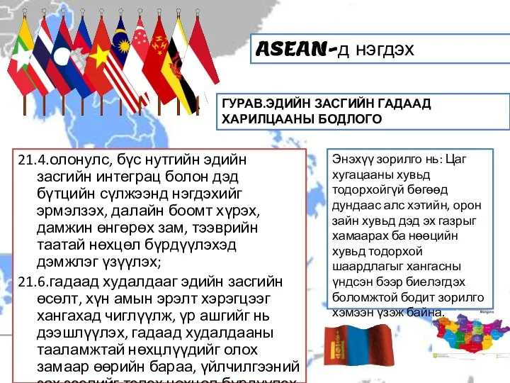 21.4.олонулс, бүс нутгийн эдийн засгийн интеграц болон дэд бүтцийн сүлжээнд нэгдэхийг