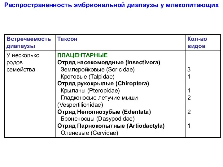 Распространенность эмбриональной диапаузы у млекопитающих