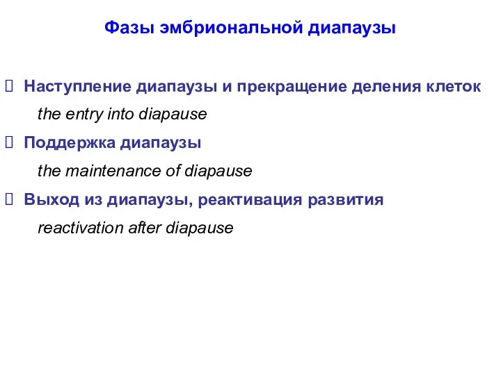 Фазы эмбриональной диапаузы Наступление диапаузы и прекращение деления клеток the entry