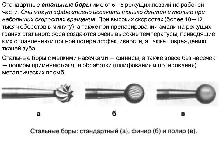 Стандартные стальные боры имеют 6—8 режущих лезвий на рабочей части. Они