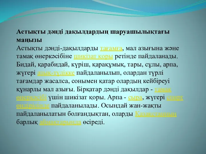 Астықты дәнді дақылдардың шаруашылықтағы маңызы Астықты дәнді-дақылдарды тағамға, мал азығына және