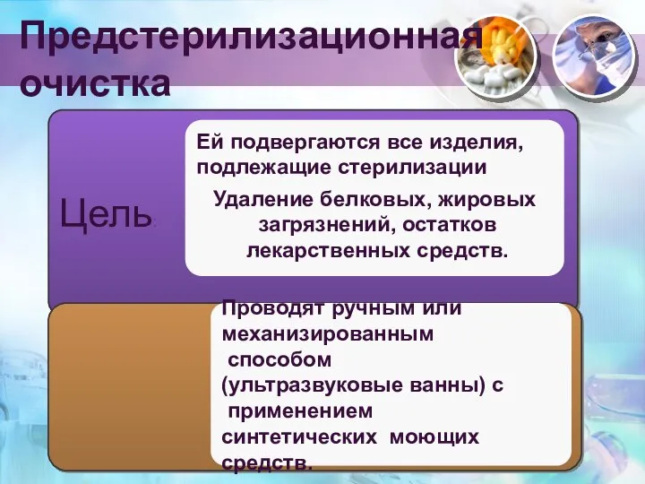 Цель: Удаление белковых, жировых загрязнений, остатков лекарственных средств. Проводят ручным или