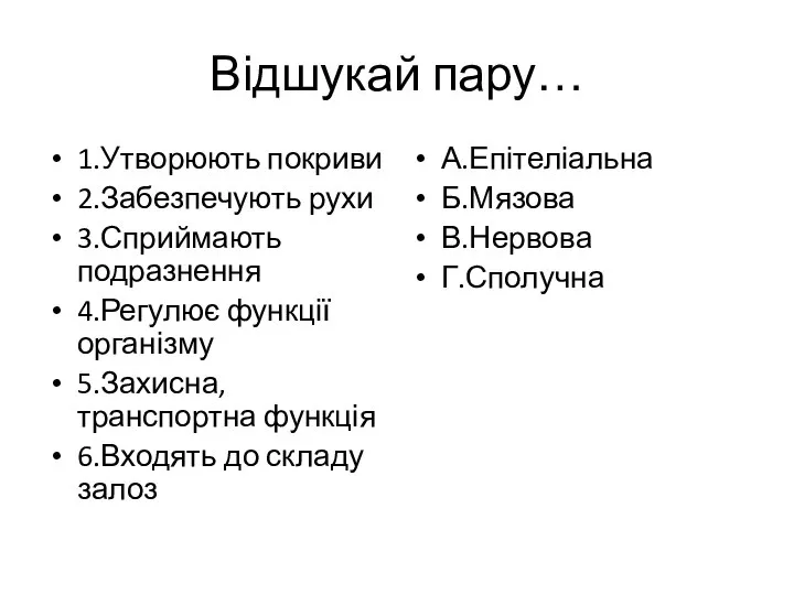 Відшукай пару… 1.Утворюють покриви 2.Забезпечують рухи 3.Сприймають подразнення 4.Регулює функції організму