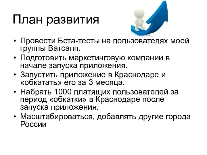 План развития Провести Бета-тесты на пользователях моей группы Ватсапп. Подготовить маркетинговую