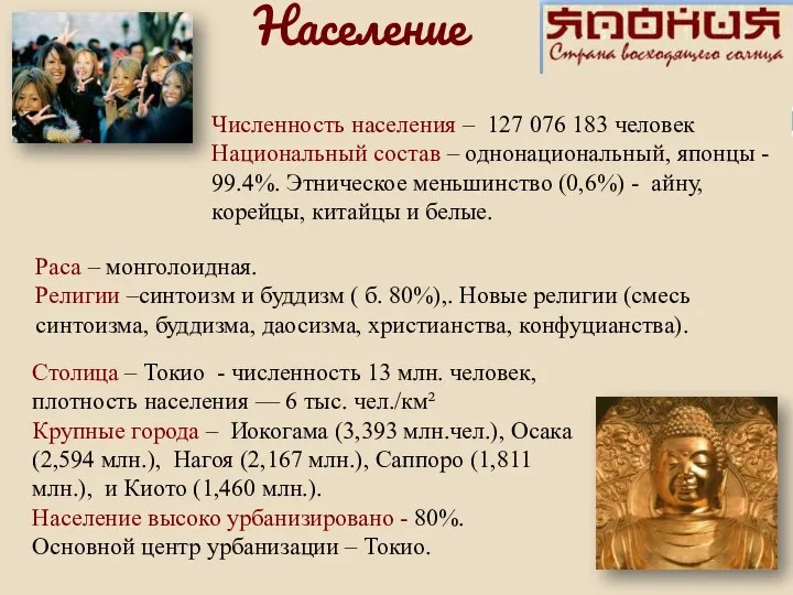 Раса – монголоидная. Религии –синтоизм и буддизм ( б. 80%),. Новые