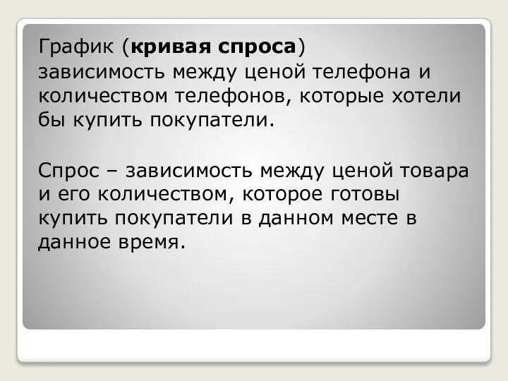 График (кривая спроса) зависимость между ценой телефона и количеством телефонов, которые