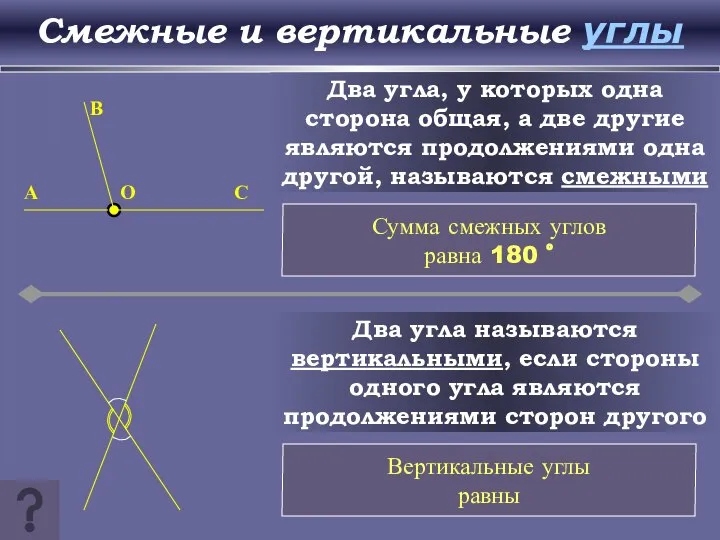 Смежные и вертикальные углы Два угла, у которых одна сторона общая,