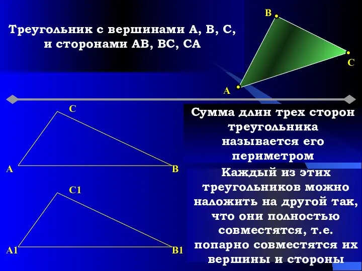 Треугольник с вершинами A, B, C, и сторонами AB, BC, CA