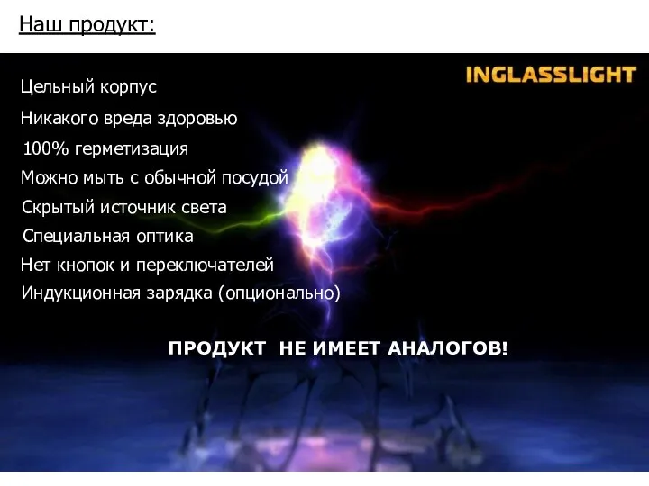 Наш продукт: Цельный корпус Нет кнопок и переключателей Скрытый источник света