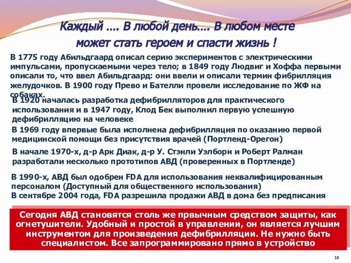 В 1969 году впервые была исполнена дефибрилляция по оказанию первой медицинской