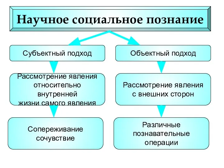 Научное социальное познание Рассмотрение явления относительно внутренней жизни самого явления Рассмотрение