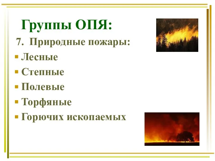 Группы ОПЯ: 7. Природные пожары: Лесные Степные Полевые Торфяные Горючих ископаемых