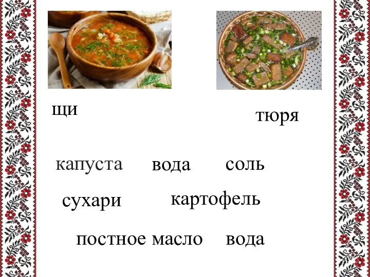 щи тюря капуста вода соль сухари картофель постное масло вода