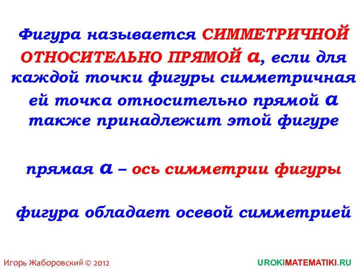 Фигура называется СИММЕТРИЧНОЙ ОТНОСИТЕЛЬНО ПРЯМОЙ а, если для каждой точки фигуры