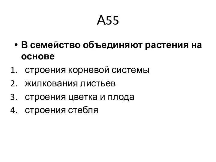 А55 В семейство объединяют растения на основе строения корневой системы жилкования