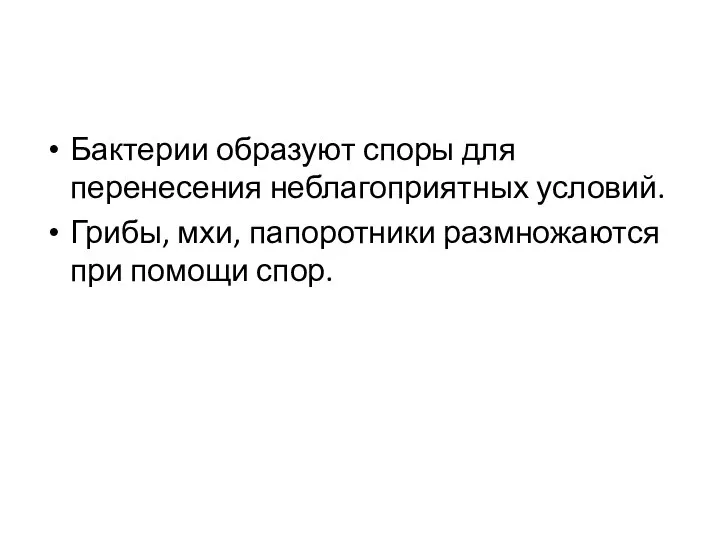 Бактерии образуют споры для перенесения неблагоприятных условий. Грибы, мхи, папоротники размножаются при помощи спор.