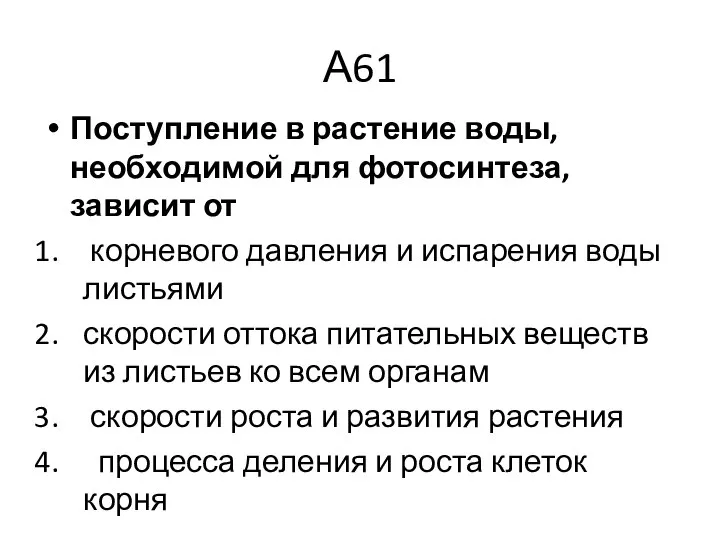 А61 Поступление в растение воды, необходимой для фотосинтеза, зависит от корневого