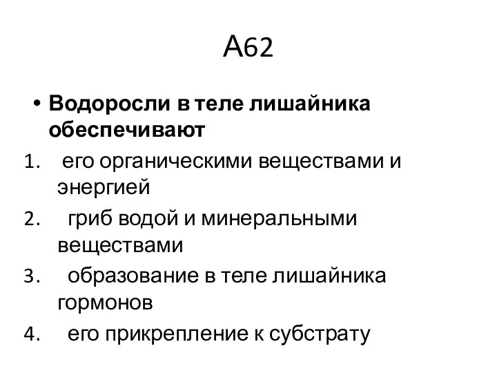 А62 Водоросли в теле лишайника обеспечивают его органическими веществами и энергией