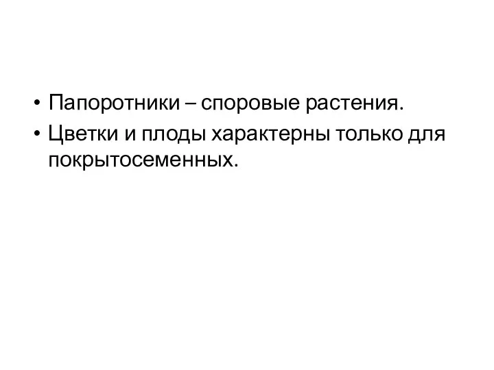 Папоротники – споровые растения. Цветки и плоды характерны только для покрытосеменных.