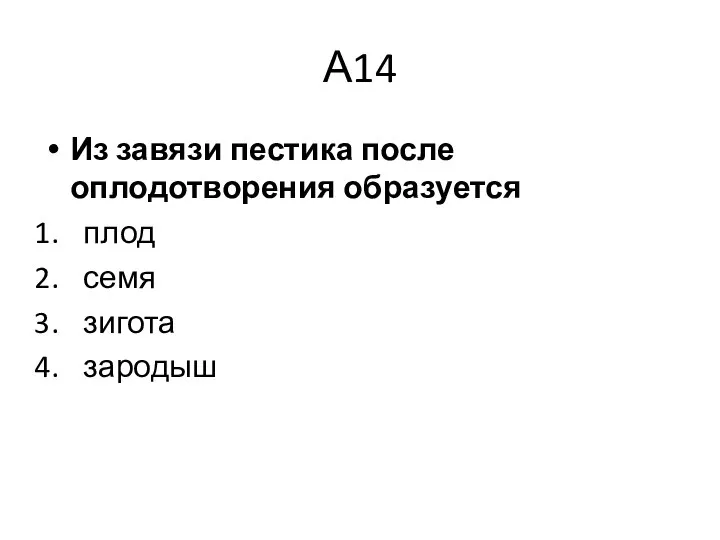 А14 Из завязи пестика после оплодотворения образуется плод семя зигота зародыш