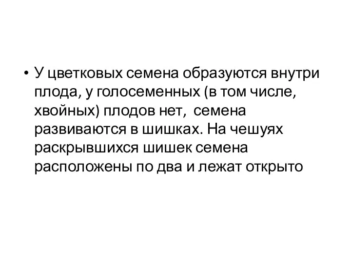 У цветковых семена образуются внутри плода, у голосеменных (в том числе,