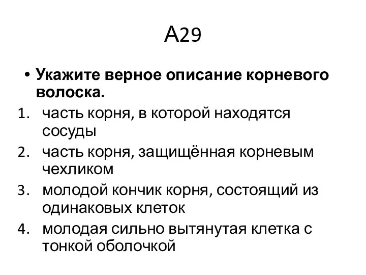 А29 Укажите верное описание корневого волоска. часть корня, в которой находятся