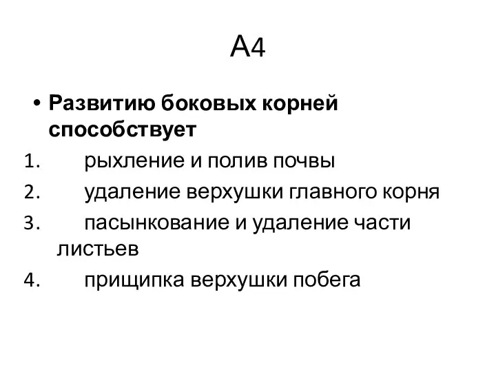 А4 Развитию боковых корней способствует рыхление и полив почвы удаление верхушки