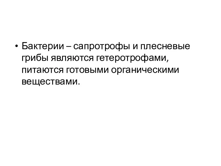 Бактерии – сапротрофы и плесневые грибы являются гетеротрофами, питаются готовыми органическими веществами.