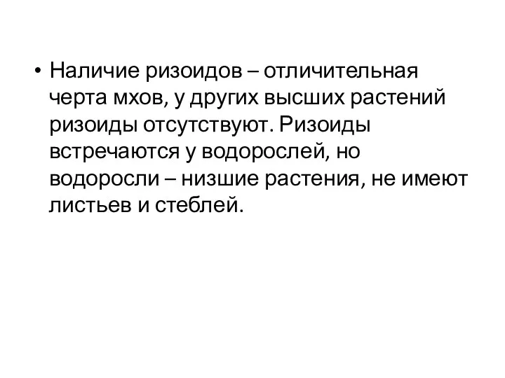 Наличие ризоидов – отличительная черта мхов, у других высших растений ризоиды