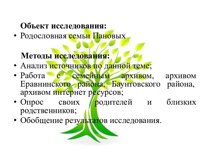 Объект исследования: Родословная семьи Пановых Методы исследования: Анализ источников по данной