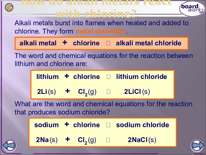 Alkali metals burst into flames when heated and added to chlorine.