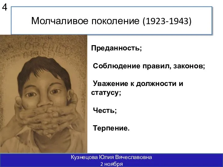 Молчаливое поколение (1923-1943) Кузнецова Юлия Вячеславовна 2 ноября 4 Преданность; Соблюдение