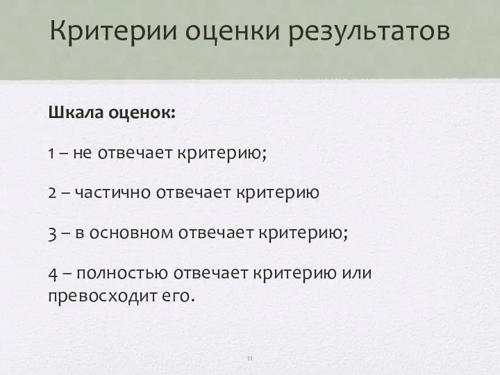 Критерии оценки результатов Шкала оценок: 1 – не отвечает критерию; 2