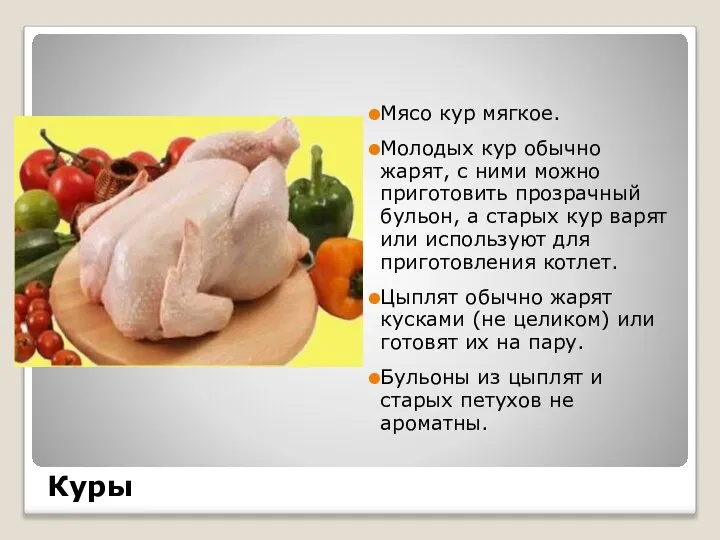 Куры Мясо кур мягкое. Молодых кур обычно жарят, с ними можно