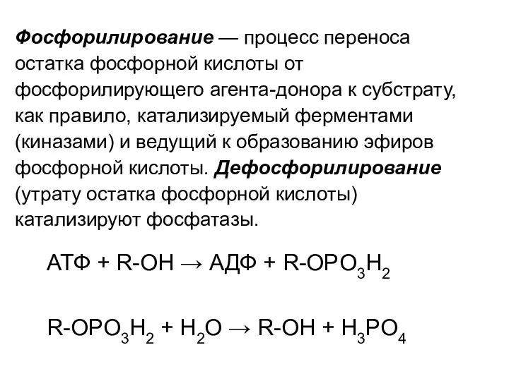 Фосфорилирование — процесс переноса остатка фосфорной кислоты от фосфорилирующего агента-донора к