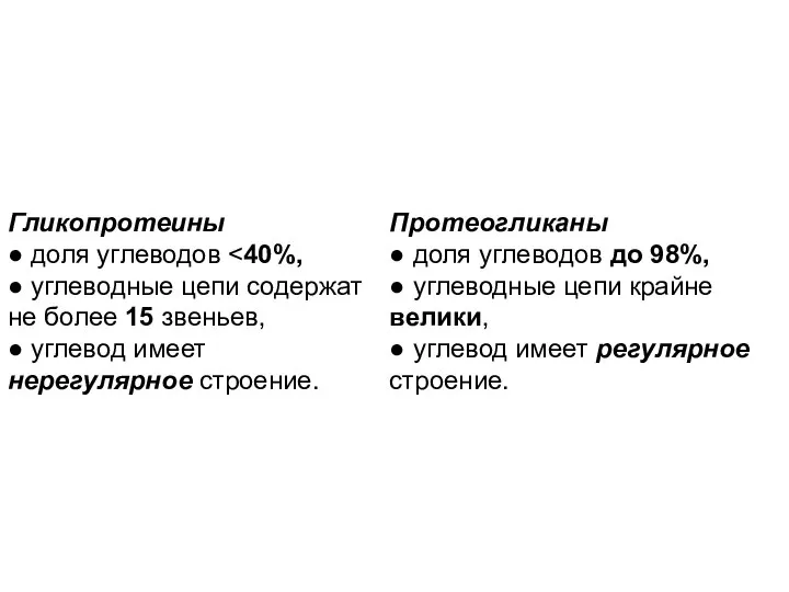 Гликопротеины ● доля углеводов ● углеводные цепи содержат не более 15