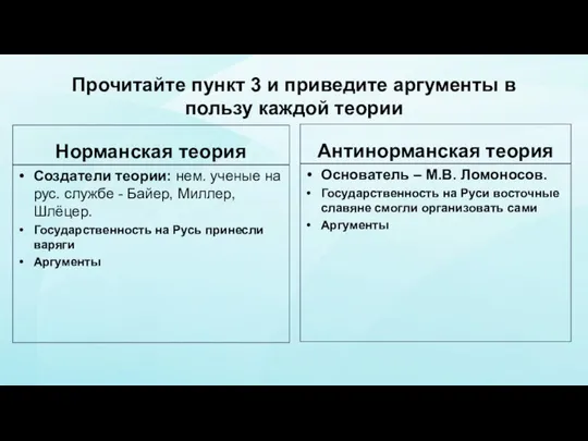 Прочитайте пункт 3 и приведите аргументы в пользу каждой теории Норманская